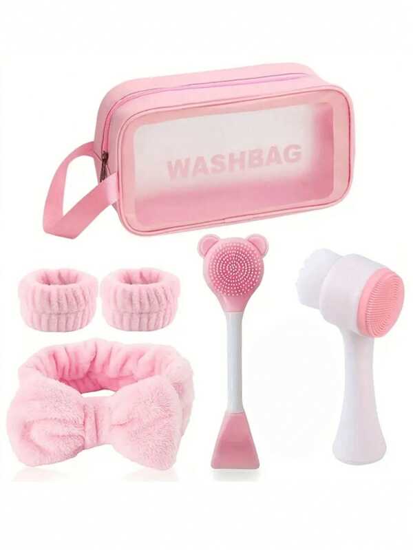 1/6-Piece Facial Cleansing Set, Deep Cleansing Beauty Spa Mask Brush Set, Soft Velvet Headband, Hair Tie Set, Gentle Scrub Brush, Silicone Detailing Facial Brush, Portable Skin Care Tool With Wash Bag For Women, Ideal Christmas Gift, Fragrance Free , No Power/Battery Required