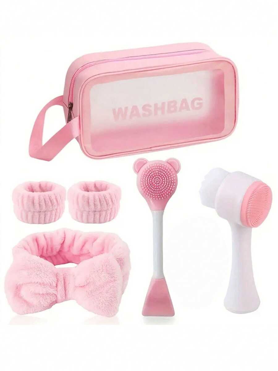 1/6-Piece Facial Cleansing Set, Deep Cleansing Beauty Spa Mask Brush Set, Soft Velvet Headband, Hair Tie Set, Gentle Scrub Brush, Silicone Detailing Facial Brush, Portable Skin Care Tool With Wash Bag For Women, Ideal Christmas Gift, Fragrance Free , No Power/Battery Required - Multicolor - View 1