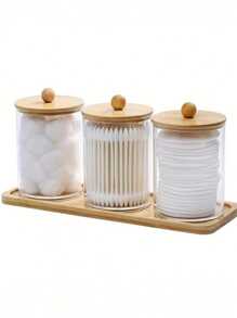 3 Pieces Clean Swab Rack With Tray, Designed Specifically For Organizing And Storing Bathroom Items. These Transparent Plastic Jars With Wooden Lids Are Perfect For Storing Balls, Clean Swabs, And Dental Floss. Bathroom Accessories Bathroom Organizer Back To School Storage