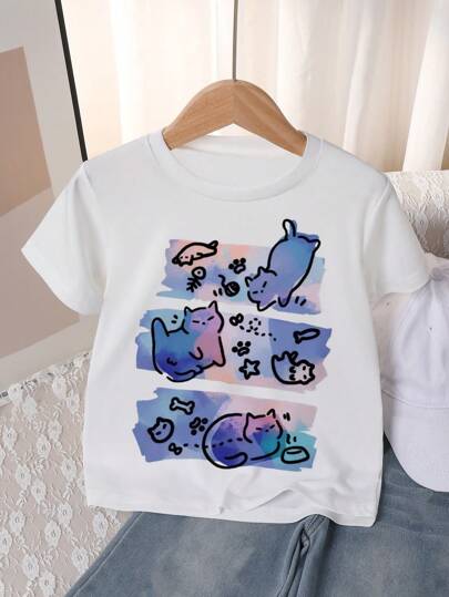 T-shirt court à col rond, léger et respirant, motif mignon de poisson-chat, pour tenue d'été, pour jeune fille en promenade ou en vacances