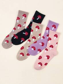 5 Pairs Women's Fashion Personalized Mushroom Pattern Comfortable Breathable Mid-Calf Socks, Suitable For Daily Casual Wear, Lightweight Sock, Exclusive Mushroom Fabric Design, All Season - Multicolor - View 2