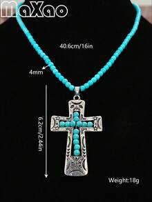 Vintage-Style Women's Turquoise Cross Pendant Necklace, Unique Design, Suitable For Daily Wear - Vintage Cross Pendant - View 4