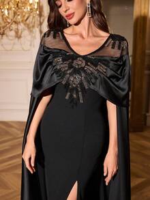 SUPGIR Damen elegantes Abendkleid mit V-Ausschnitt, Satinpatchwork, Juteeinsätzen, hochwertig perlenbestickt und mit Pailletten, weite Ärmeln und hohem Schlitz