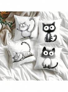 New Black And White Abstract Cute Lines Cat Cat Polyester Short Plush Sofa Cushion Cover 4 (No Pillow Core)