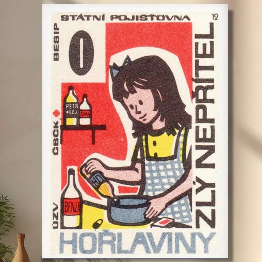 Framed 1960s Czech Safety Poster | Vintage Kitchen Decor | Mid-Century Art Print | Collectible Illustration | Retro Home Wall Art Kitchen Bathroom Living Room Mother's Day Easter Christmas Halloween Birthday Party Decorations - Framed - View 1