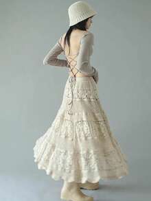 Guipure Lace A-Line Skirt - Flowy, Casual, Solid-Colored, Smock Waist Women's Fashion Clothing For Everyday Wear - Apricot - View 7