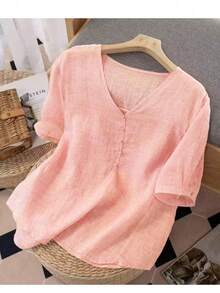 Áo thun nữ tay ngắn cổ chữ V trơn màu, thoải mái và đa năng cho mùa hè - Bụi hồng - Xem 1