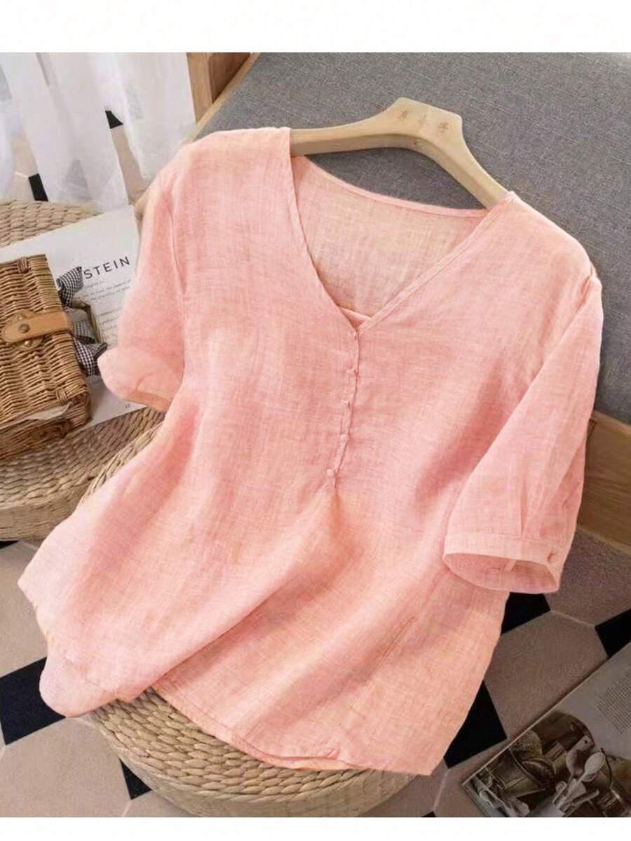 Áo thun nữ tay ngắn cổ chữ V trơn màu, thoải mái và đa năng cho mùa hè - Bụi hồng - Xem 1