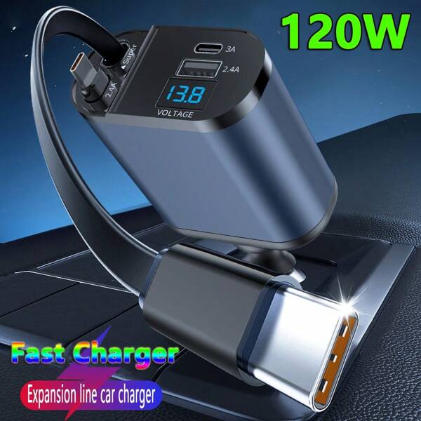 120W Fast Retractable Data Cable Car Charger With 2 USB Type-C Data Cables -12V-24V Universal Cigarette Lighter Plug For Car Phone Charging Super Fast Charging | Portable Charger | Retractable Data Cable, Compatible With Apple 11/12/13/14/15, Compatible With 99% Phone Fast Charging Car Accessories