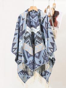 1pc New Geometric & Floral Print Hooded Cape/Shawl - Multicolor - View 24