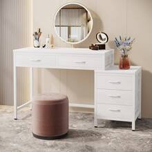 Vanity Desk With 5 Drawers, Modern Makeup Dressing Table With Reversible 3-Drawer Storage, Space-Saving Beauty Station For Bedroom (Mirror Not Included) - trắng - Xem 7