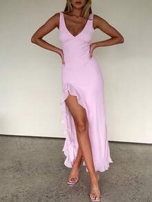 1pc Women's Elegant Fitted V-Neck Ruffle Trim Side Split Slip Dress - Pink - View 1