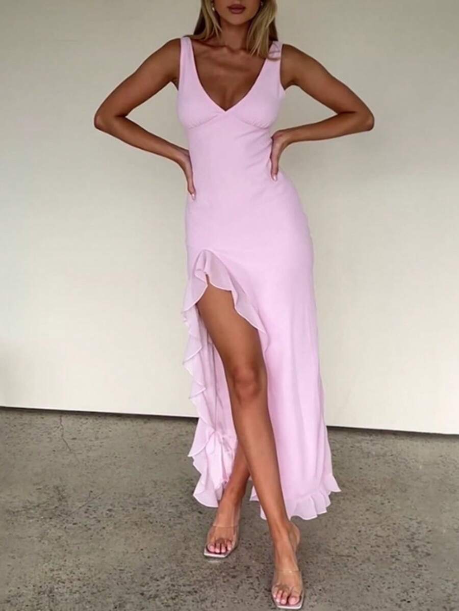 1pc Women's Elegant Fitted V-Neck Ruffle Trim Side Split Slip Dress - Pink - View 1