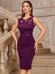 MIUSOL Classic Sequin Floral Lace Round Neck Sleeveless Cocktail Party Fitted Dress - 紫紅色 - 查看 6