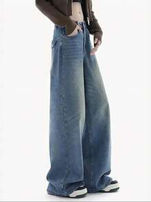 Valentine's Day Women Baggy Jeans Wide Leg Mid Waist Stretchy Jeans Loose Boyfriends Jeans 90s Denim Pants With Pockets Spring Clothes - Màu xanh lam - Xem 5