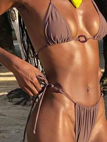 New European & American Style Women's Sexy Simple Solid Color Chest Front Waist Amber Decor Halter Drawstring Bikini Two Pieces Set, Suitable For Beach And Ocean - Grey - View 1