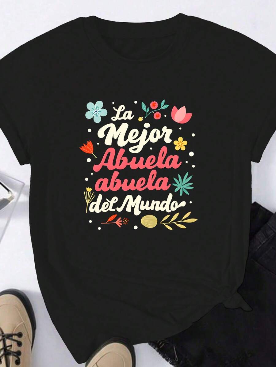 Hispanic Grandma & Mother's Day T-Shirt Printed T-Shirt, Short-Sleeved Crew Neck Casual Top, Suitable For All Seasons, Women's Wea - Black - View 1