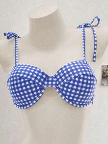 Women's Summer New Plaid Print Bikini Two Pieces Set, Girly Style, Push-Up Bikini, Underwire Bikini, Beach Holiday Outfit, Swimwear, Women's Summer Dress, Women's Summer Clothing, Festival, Ibiza Island Outfit, Women's Swimsuit, Bikini Set, Women's Swimwear, Women's Beach Outfit, Holiday Set, Beach Dress, Women's Bikini Set, Blue - Blue and White - View 5