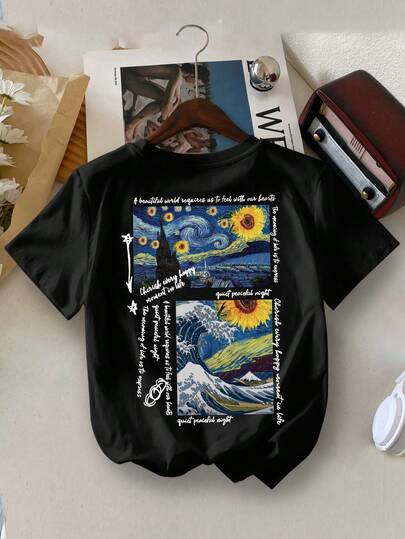 Toddler Boys' Yungboy Casual Starry, Sunflower, Graphic Letter Print Round Neck Summer T-Shirt