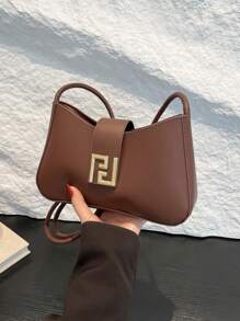 1 Peça Marrom Pu Liso Zíper E Decoração De Metal Bolsa De Ombro Versátil Casual, Adequada Para Uso Diário Feminino