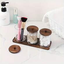 3 Pieces Clean Swab Rack With Tray, Designed Specifically For Organizing And Storing Bathroom Items. These Transparent Plastic Jars With Wooden Lids Are Perfect For Storing Balls, Clean Swabs, And Dental Floss. Bathroom Accessories Bathroom Organizer Back To School Storage