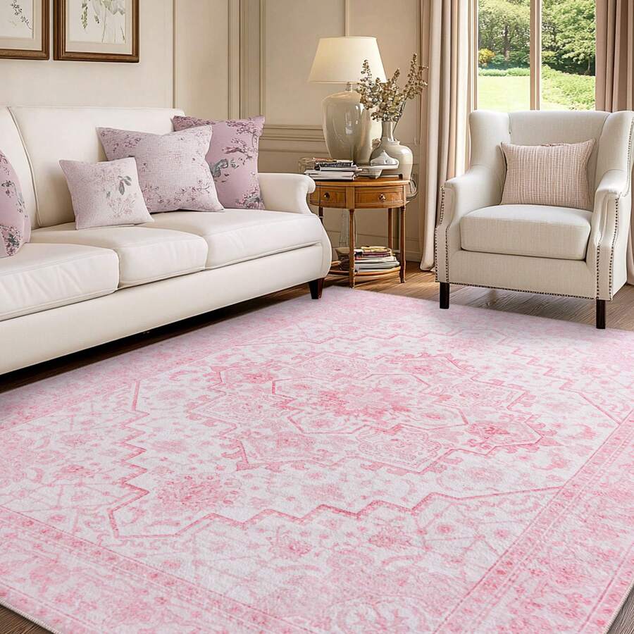 Vintage Floral Area Rugs For Living Room Bedroom, Pink Soft Washable Printed Rug For Living Room Indoor Non Slip Stain Resistant Carpet For Dining Room Boho Rug For Home Decor Aesthetic - 粉色 - 查看 1