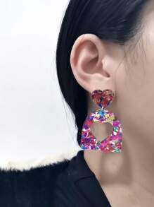 1 Pair Of [Retro Sweet] Geometric Love Sparkling Pink Earrings For Women With Exaggerated Hollow Out Earrings, Exquisite And Sweet Earrings, Elegant Long Earrings