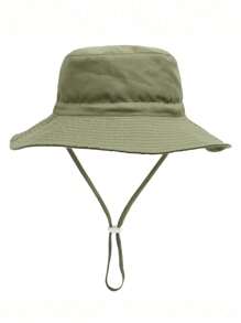1pc Kids Sun Protection Bucket Hat With Windproof Rope, Simple Solid Color Or Cartoon Print Design, Thin Breathable Bucket Hat, Beach Hat And Bucket Hat Suitable For Daily Travel