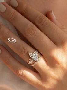 2pcs/Set Geometric Water Drop & Leaf Micro-Inlaid Zirconia Copper Gold Plated Rings Set For Women, Suitable For Daily Wear, Wedding, Engagement, Anniversary, Girlfriend Gift