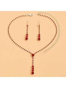 3件装，水滴钻项链，轻奢配饰，派对配饰，生日礼物，宴会礼服配饰，派对礼品，节日礼物，高端珠宝项链，项链耳环套装 - 紅色 - 查看 6