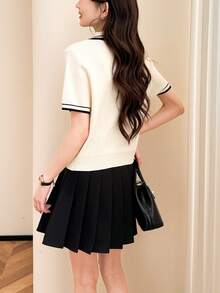 Women's Casual Loose Colorblock Collar Buttoned Front Open Cardigan Short Sleeve, Summer - Beige - View 2