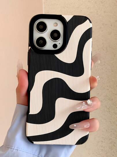 Minimalist Zebra Print Pattern Perforated Camera PU Leather Full Coverage Anti-Fall Shock Resistant Phone Case, Compatible With Apple Phones Waterproof Scratch Resistant