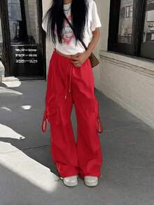 街头高腰翻盖口袋抽绳腰部弹性下摆褶饰休闲阔腿降落伞工装裤 Y2K 音乐节