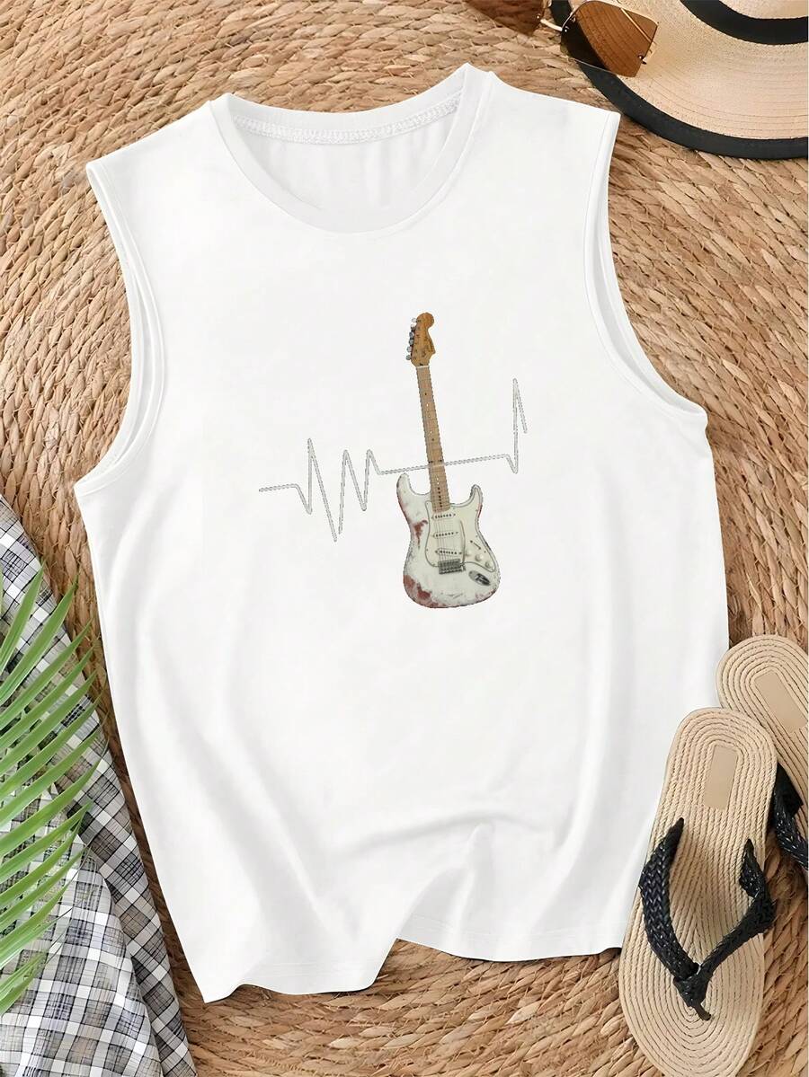 Camiseta de tirantes de mujer con diseño de línea ECG de guitarra Stratocaster - Blanco - Ver 1