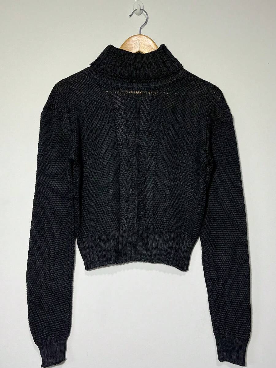 Women's Cacharrel Knitted Crop Top With Long Sleeves And Weaves, Cold Weather Blouse. - 黑色 - 查看 1