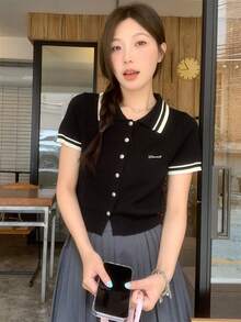 French Summer Designed Polo Collar Knitted Short Sleeve T-Shirt, Cardigan Style Thin Top For Women - Black - View 2