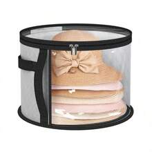 1pc Clear PVC Hat Storage Organizer With Zipper Closure, Portable Stackable Round Brim Hat Container With Handle, Transparent Fashion Hat Storage Bucket For Beach Hats, Easy To Use