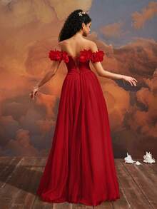 VIPGIRL 优雅网纱优雅开衩长款露肩晚礼服派对礼服婚礼宾客礼服正式礼服晚礼服 - 紅色 - 查看 3