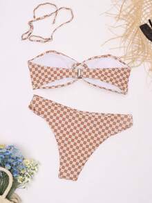 2pcs Sexy Plaid Print Bandeau Bikini Set, Removable Padded Swimsuit, Women Summer Dress, Women Holiday Outfit, Skirt, Ibiza Island Costume, Women Swimwear, Bikini Set, Women Swimsuit, Women Beach Outfit, Holiday Set, Beach Dress, Women Bikini Set, Swimsuit - Multicolor - View 4