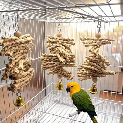 2pcs Straw Rope Bird Toys Handmade Bird Toys Can Be Hung Bird Bells Toys Can Be DIY Rotary Bird Gnawing Toys Easy Installation Straw Spring And Summer Birds Attract Parrot Toys Bird Cage Decorations Bird Relief From Boredom Grinding Training Release Mood Toy Beads Random Color