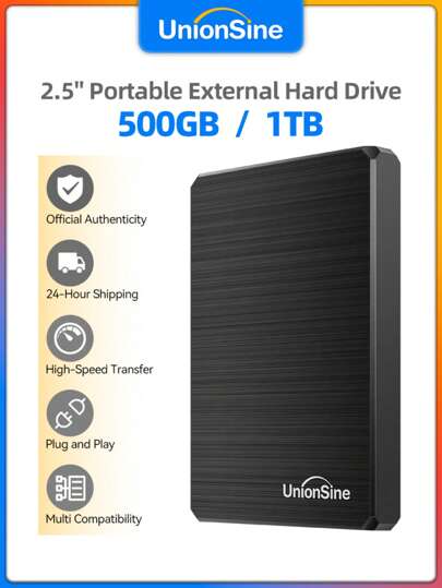 UnionSine محرك أقراص صلبة خارجي محمول 2.5 بوصة سعة 500 جيجابايت/1 تيرابايت بواجهة USB 3.0 ، للاستخدام التجاري ، توصيل وتشغيل مباشر مع أنظمة التشغيل ويندوز 11/لينكس ، تخزين احتياطي للمكتب/العمل عن بعد