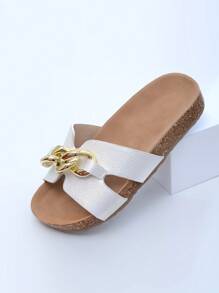 New Fashion Chain Slip-On Flat Sandals, Casual Versatile Strap Slides Suitable For Daily Wear