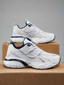 1 Pair Sports Graphic Mesh Splice Unisex Sneakers, Fitness Gym Vintage Thick Sole Chunky Sneakers, Breathable Lightweight Casual Running Shoes, Suitable For Men And Women - White - View 7