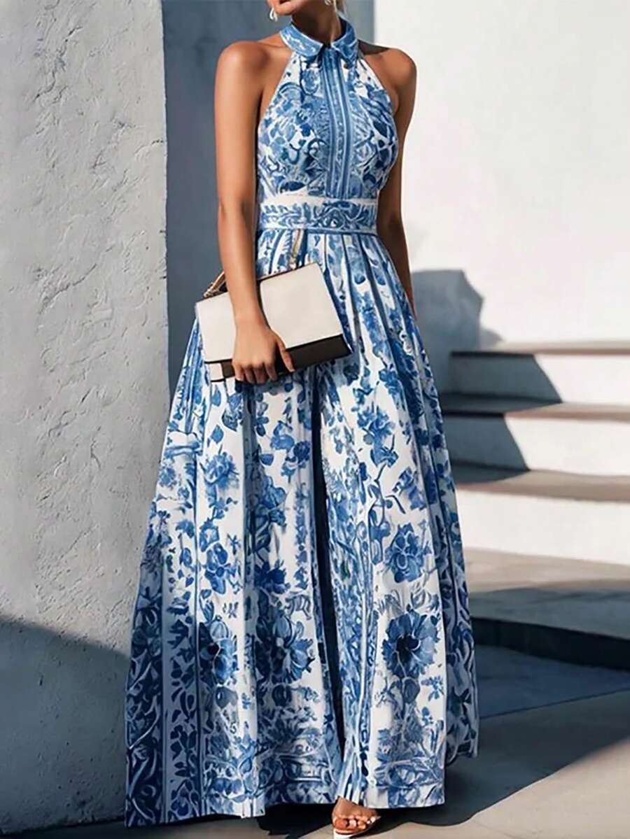 A-Line Loose Flower Print Split-Joint Lapel Maxi Dresses - White - View 1
