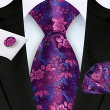 3 Piece Set: 8cm Floral & Patterned Necktie, Handkerchief, And Cufflinks Men's Necktie Set, High Quality Classic Business & Casual Tie Set, Men's Wedding Accessories, Family, Christmas, Party Gift
