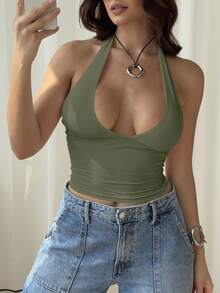 3pcs/Set Mystra Women's Solid Color Pleated Slim Fit Halter Neck Camisole