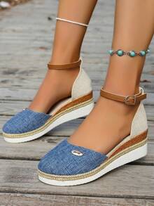 Plus Size Women Rope Woven Fisherman Shoes, European & American Style, New 2025 Spring Summer Buckle Closed Toe Platform Flats - Blue - View 2