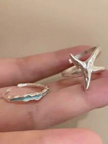 Set de 2 anillos ajustables con diseño minimalista de ola y estrella de mar, para mujeres, de uso fashionable y versátil para verano, viajes y uso diario - Juego de anillos - Ver 4