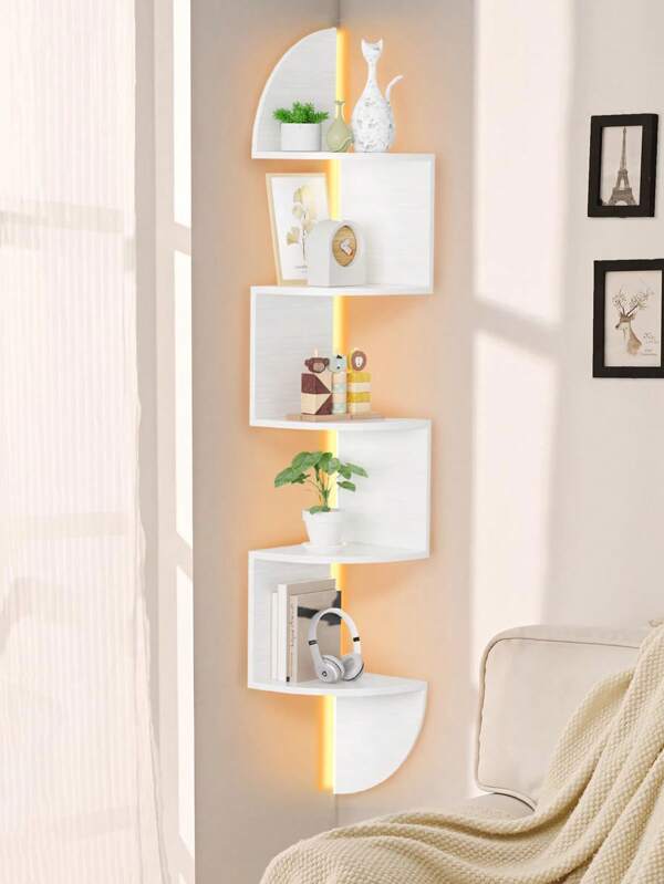 1 pieza Estantería de pared montada, estantes de rincón semicirculares creativos de 5 niveles, librería colgante de pared (sin tira de luz incluida)