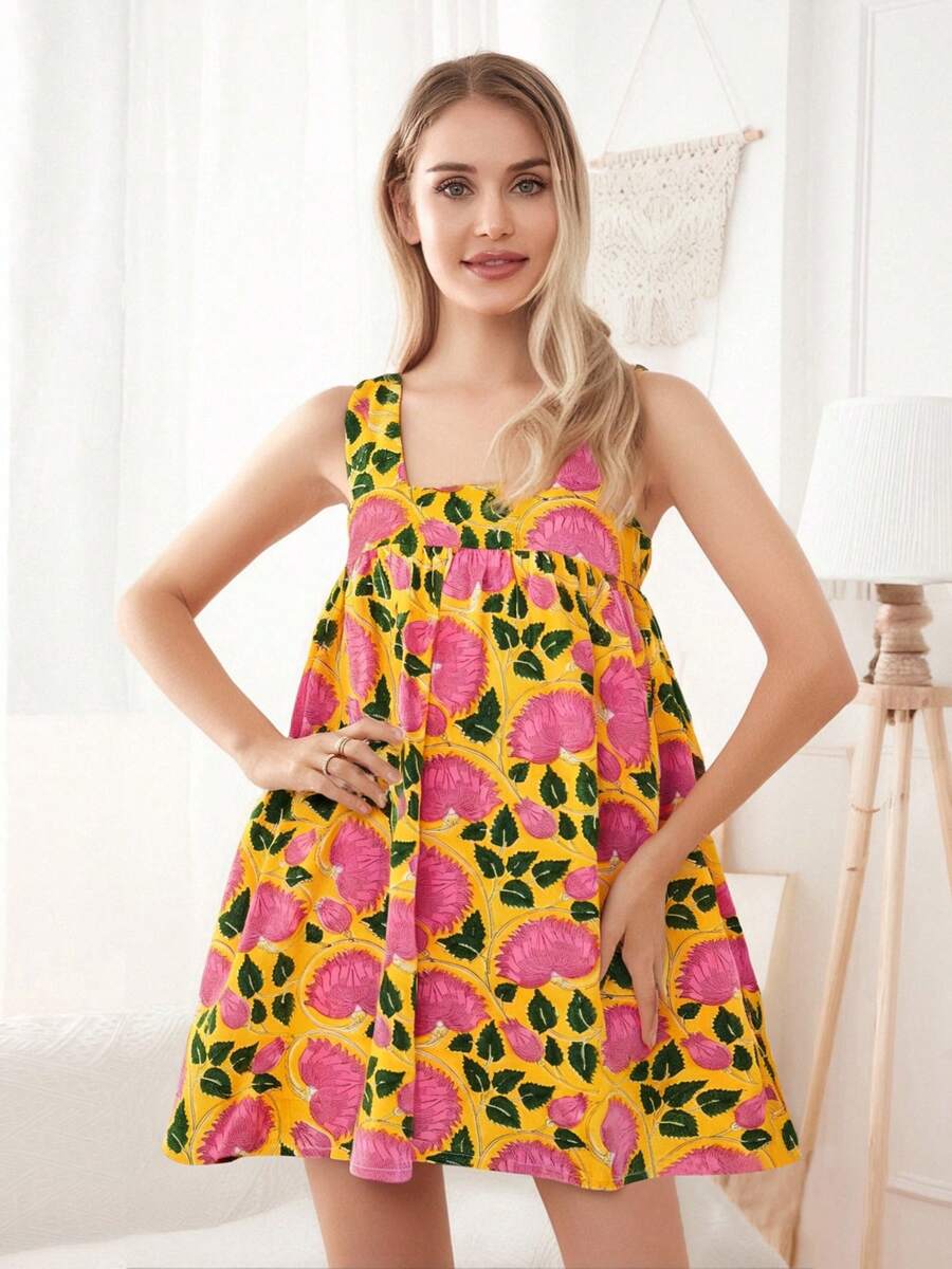 Women's Summer Tie Strap Dress Stripe Tree/Flower Print Loose Mini A Line Dress For Beach